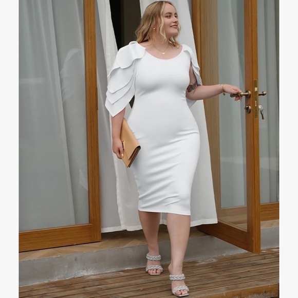 Womens Elegant Ruffle Off the Shoulder Zipper Empire Midi Cocktail Dress White L - Picture 3 of 7